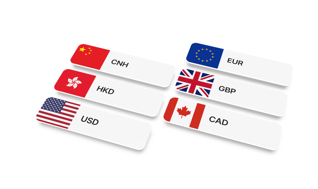 Six currency: Chinese Yuan, Hong Kong Dollar, US Dollar, Euro, British Pound, and Canadian Dollar